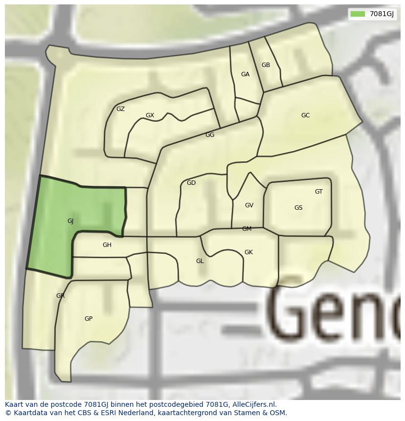 Afbeelding van het postcodegebied 7081 GJ op de kaart.