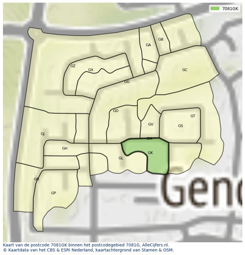 Afbeelding van het postcodegebied 7081 GK op de kaart.