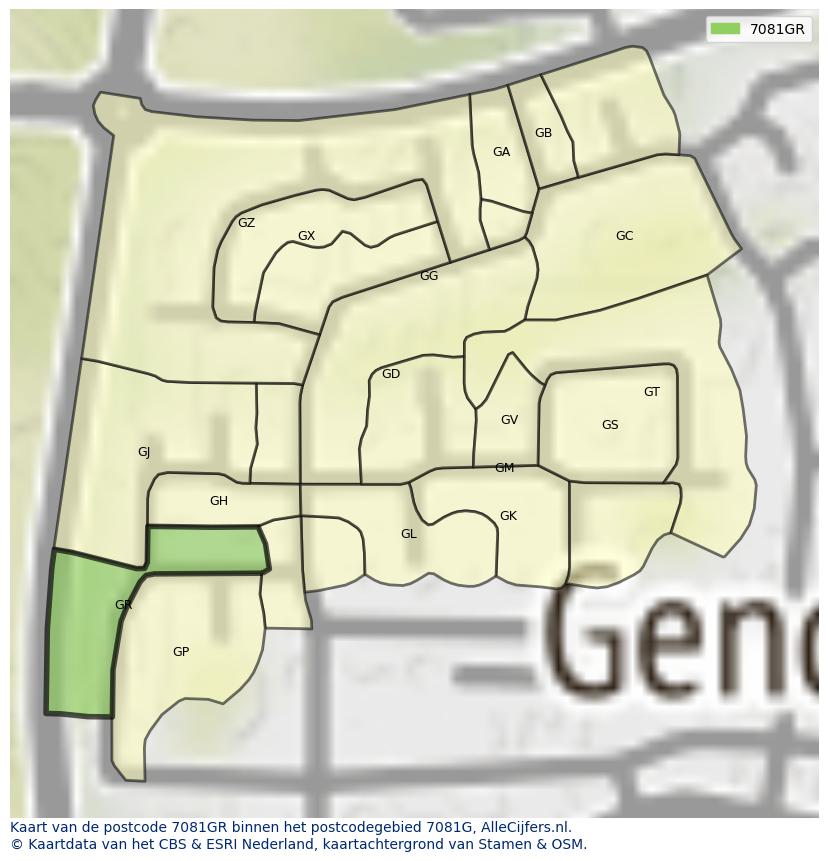 Afbeelding van het postcodegebied 7081 GR op de kaart.