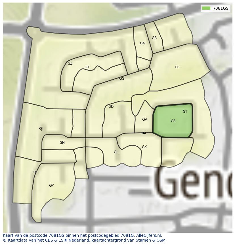 Afbeelding van het postcodegebied 7081 GS op de kaart.