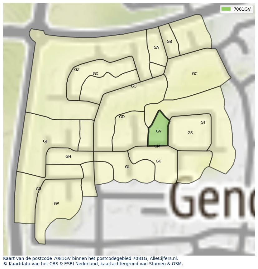 Afbeelding van het postcodegebied 7081 GV op de kaart.