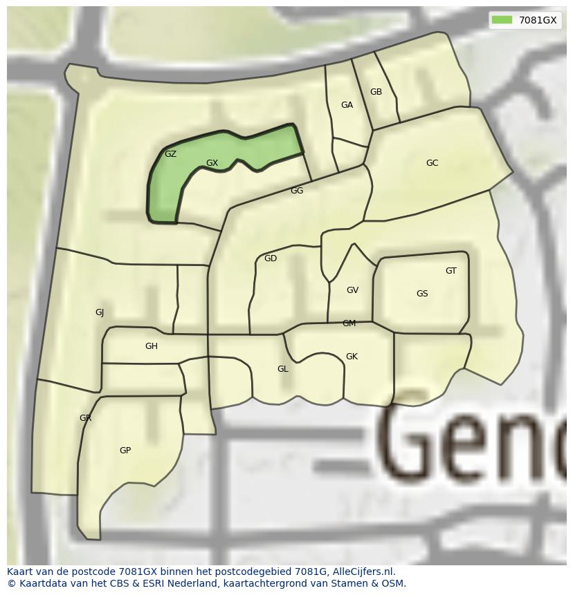 Afbeelding van het postcodegebied 7081 GX op de kaart.