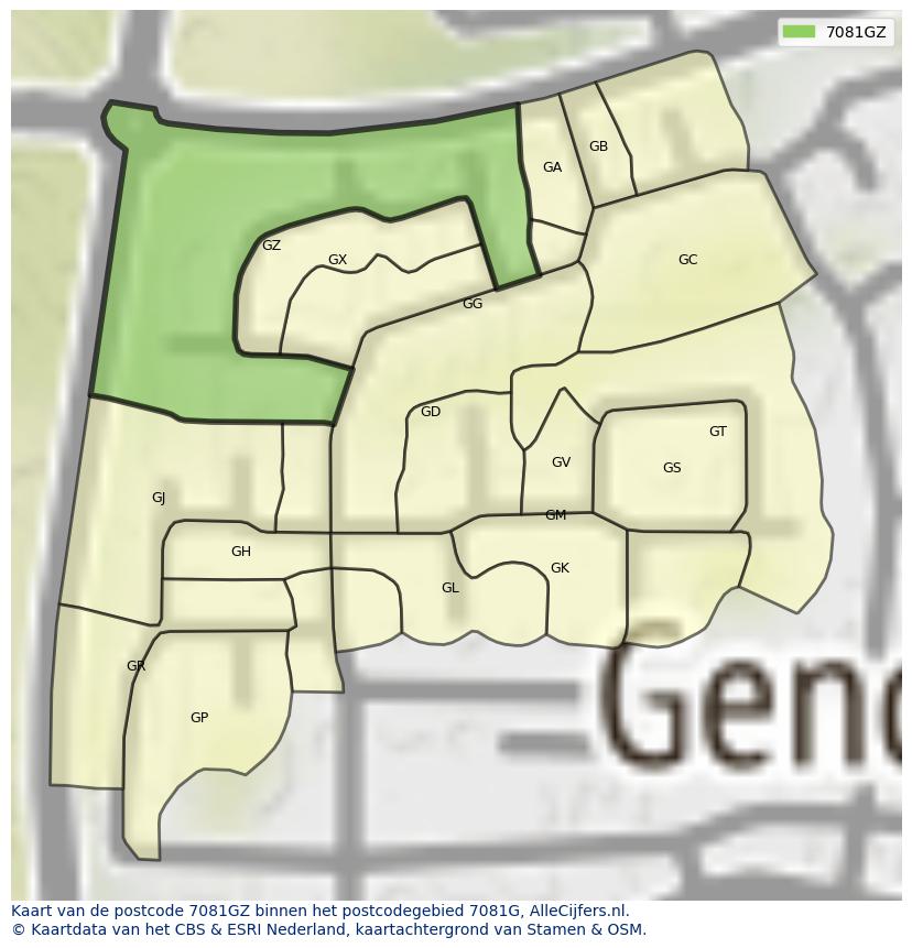 Afbeelding van het postcodegebied 7081 GZ op de kaart.