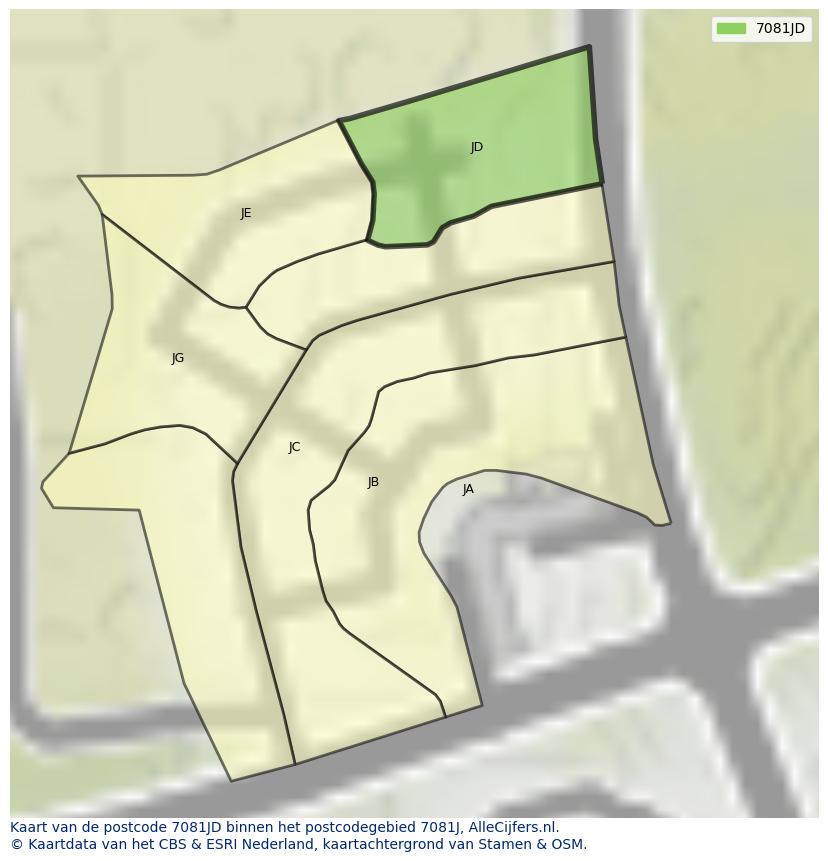 Afbeelding van het postcodegebied 7081 JD op de kaart.