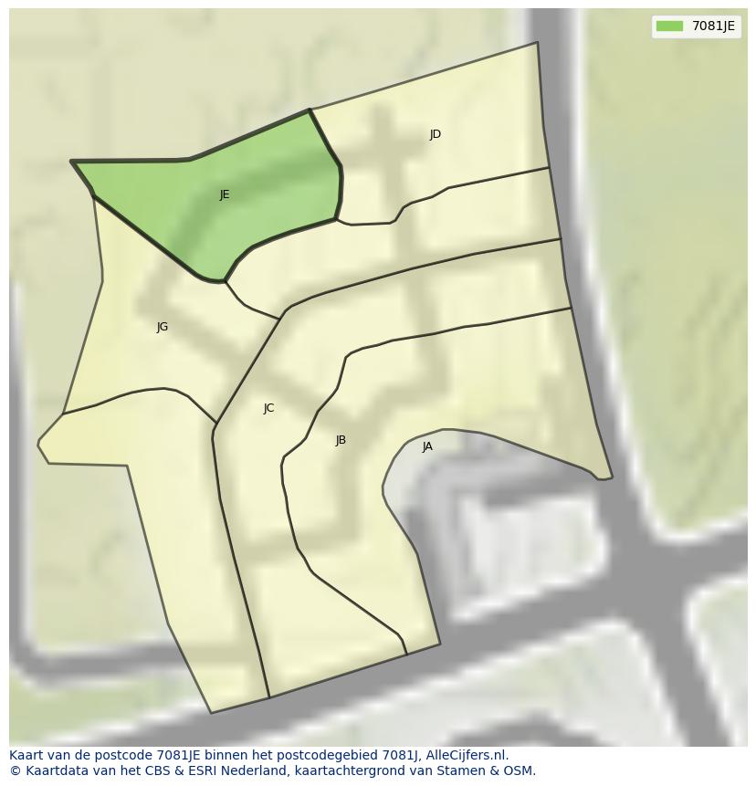 Afbeelding van het postcodegebied 7081 JE op de kaart.