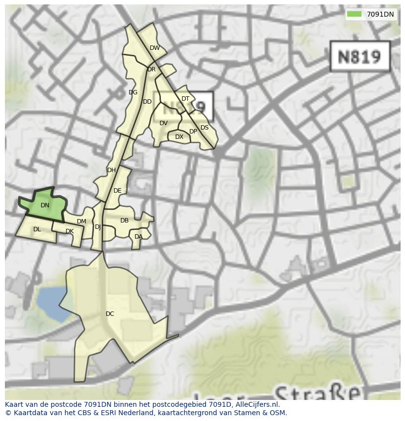 Afbeelding van het postcodegebied 7091 DN op de kaart.