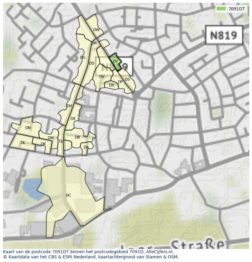 Afbeelding van het postcodegebied 7091 DT op de kaart.