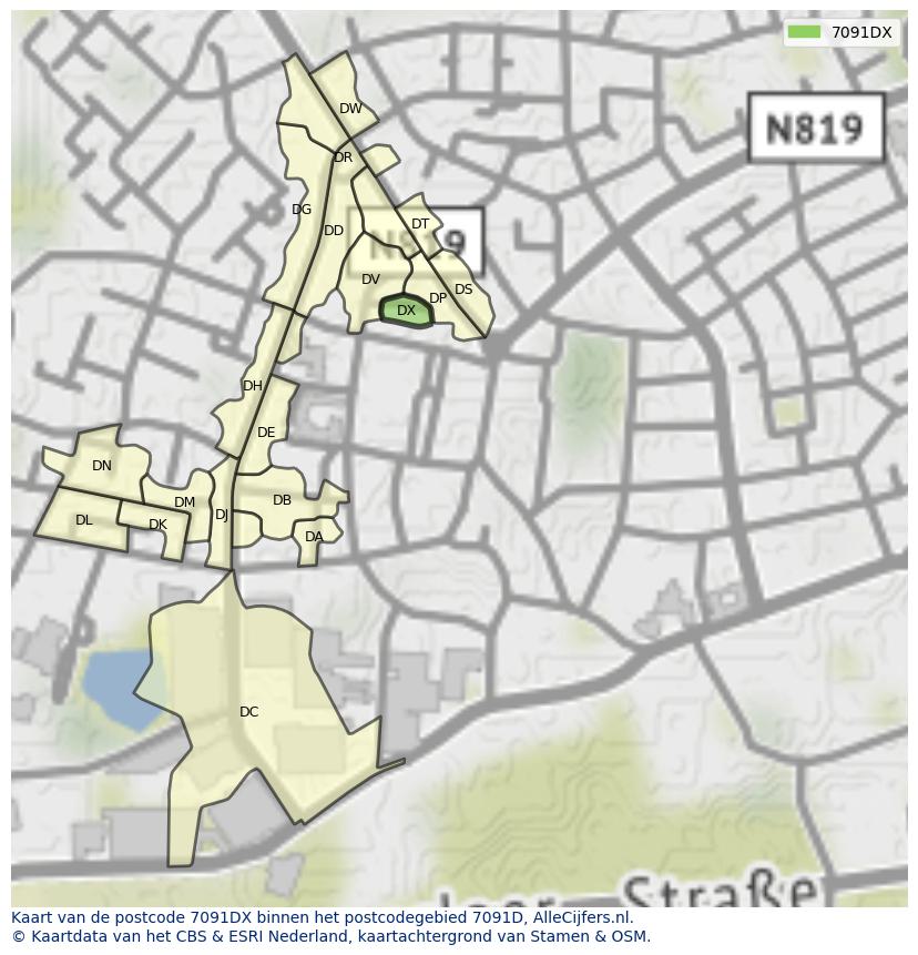 Afbeelding van het postcodegebied 7091 DX op de kaart.