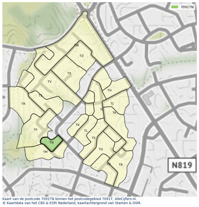 Afbeelding van het postcodegebied 7091 TN op de kaart.