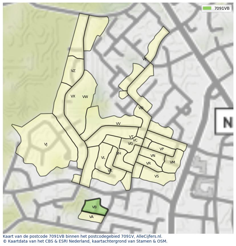Afbeelding van het postcodegebied 7091 VB op de kaart.