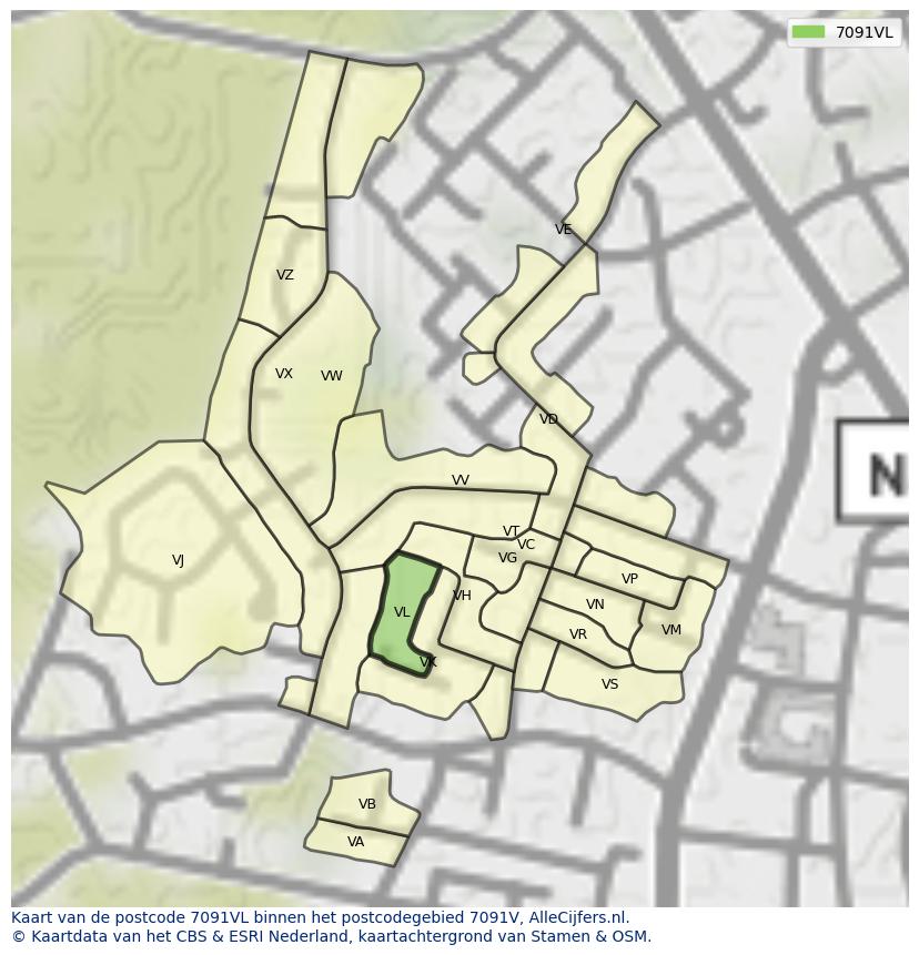 Afbeelding van het postcodegebied 7091 VL op de kaart.