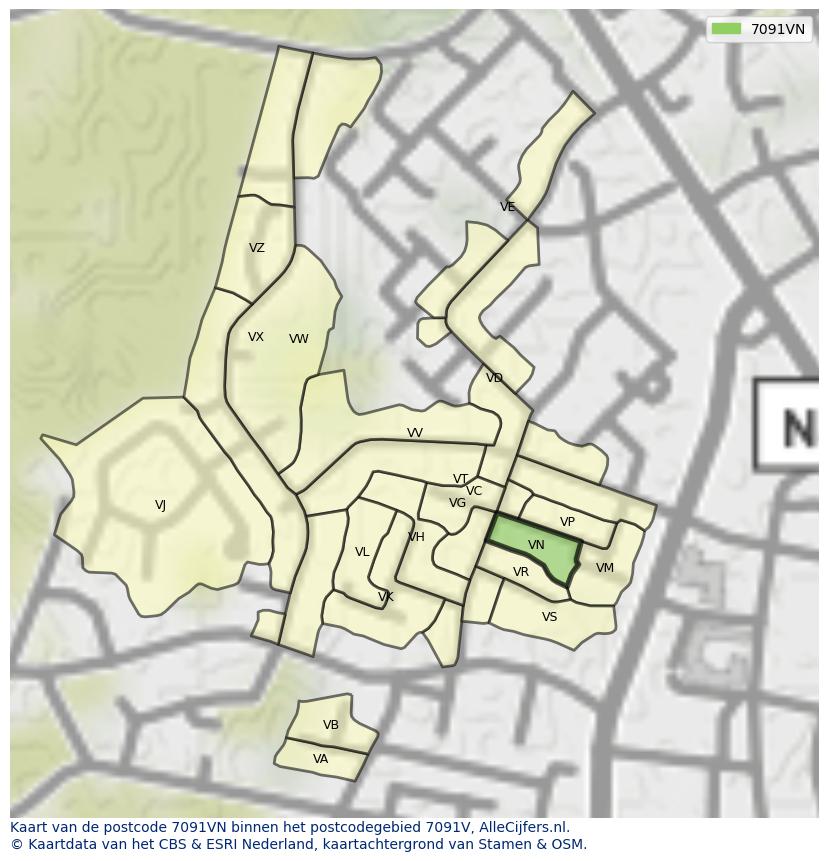 Afbeelding van het postcodegebied 7091 VN op de kaart.