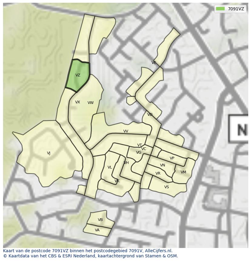 Afbeelding van het postcodegebied 7091 VZ op de kaart.