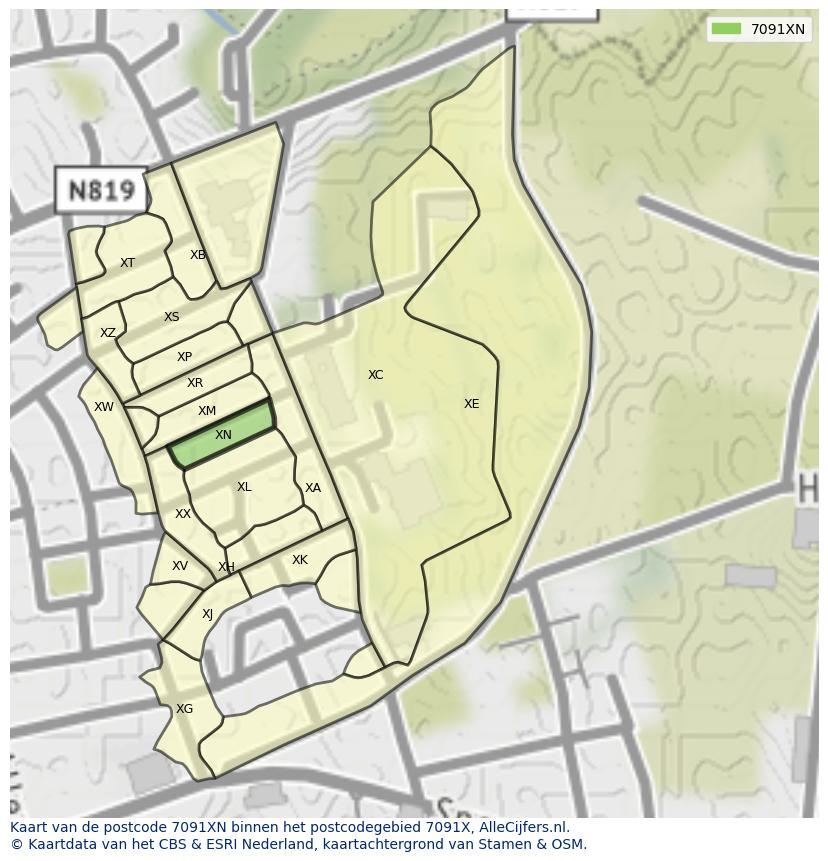 Afbeelding van het postcodegebied 7091 XN op de kaart.