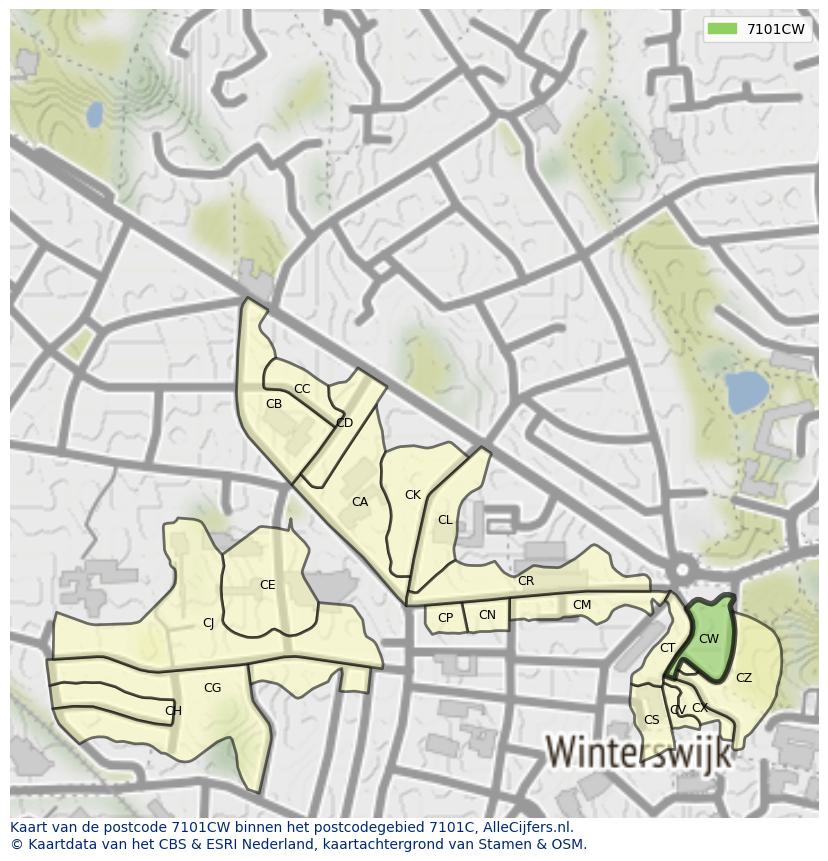 Afbeelding van het postcodegebied 7101 CW op de kaart.