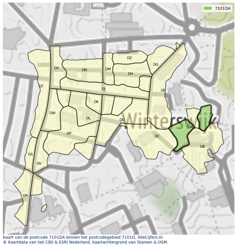 Afbeelding van het postcodegebied 7101 DA op de kaart.