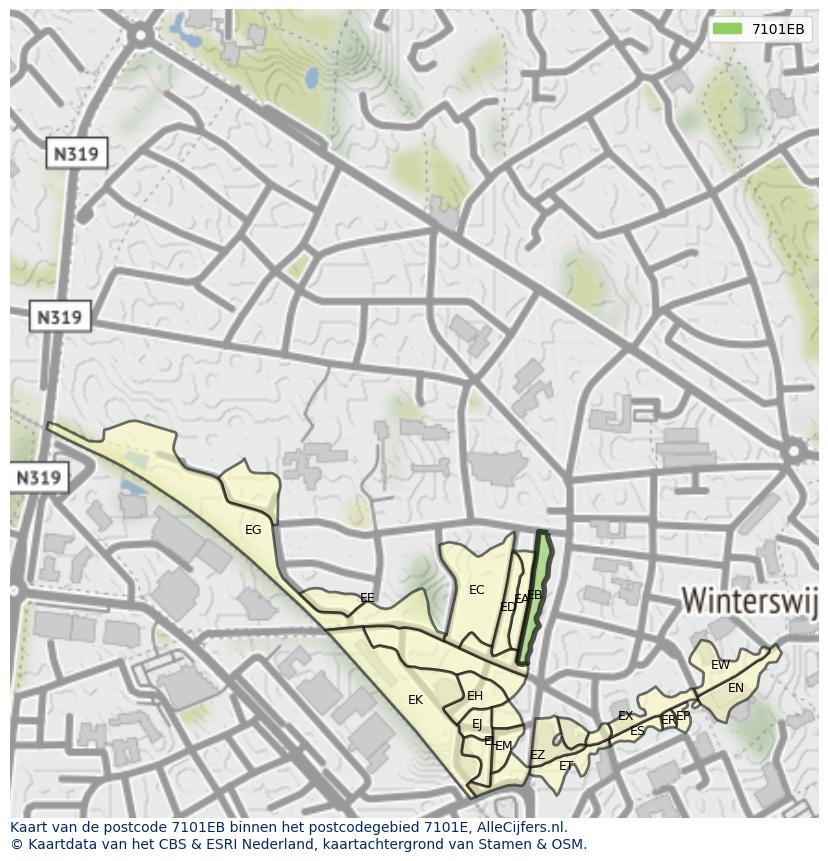 Afbeelding van het postcodegebied 7101 EB op de kaart.