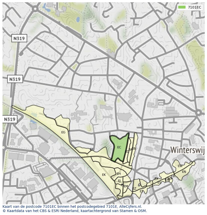 Afbeelding van het postcodegebied 7101 EC op de kaart.
