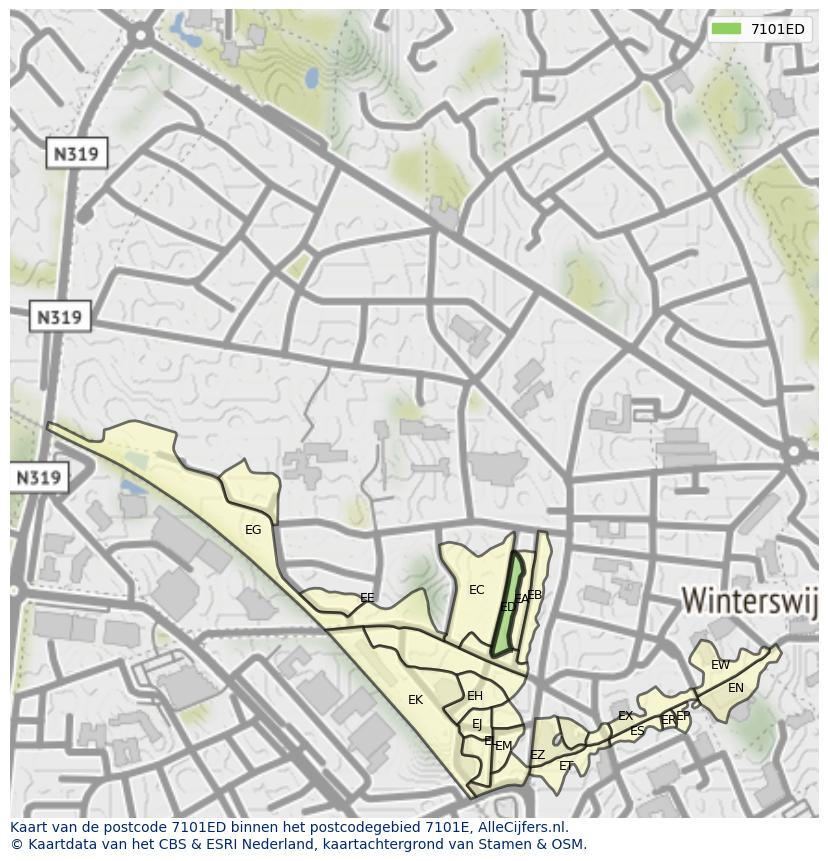 Afbeelding van het postcodegebied 7101 ED op de kaart.