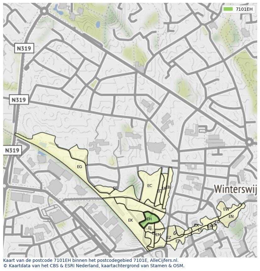Afbeelding van het postcodegebied 7101 EH op de kaart.