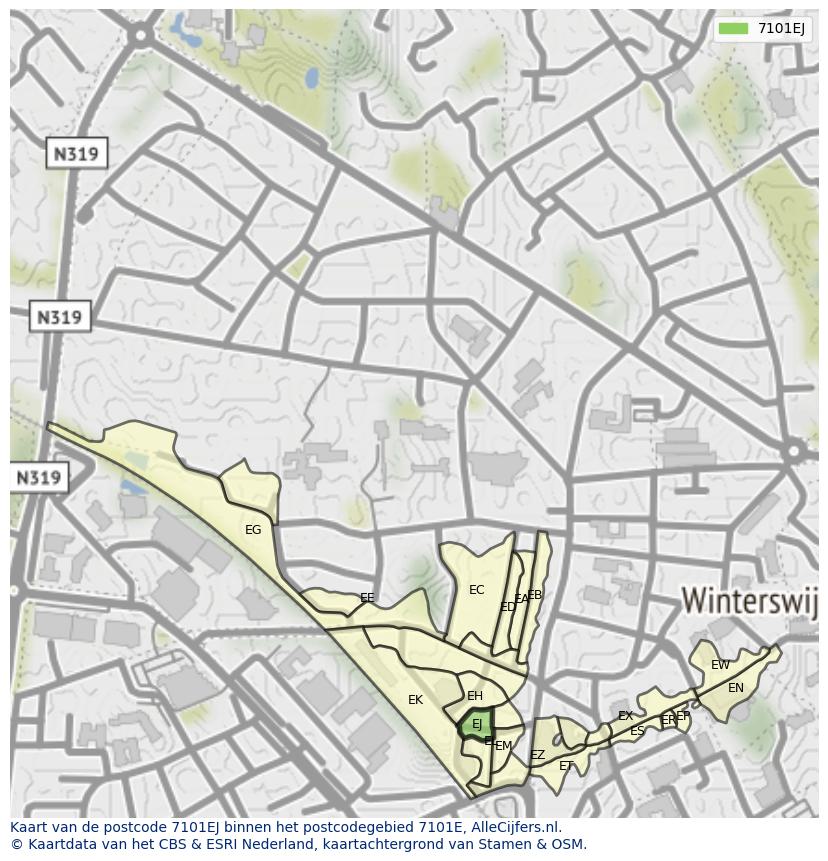 Afbeelding van het postcodegebied 7101 EJ op de kaart.