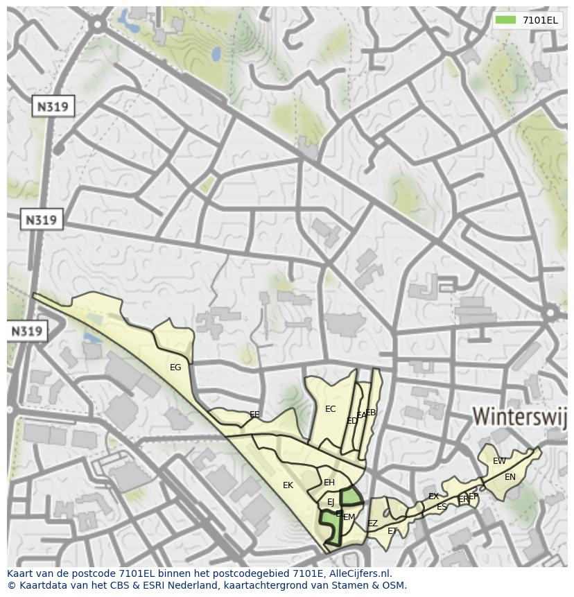Afbeelding van het postcodegebied 7101 EL op de kaart.