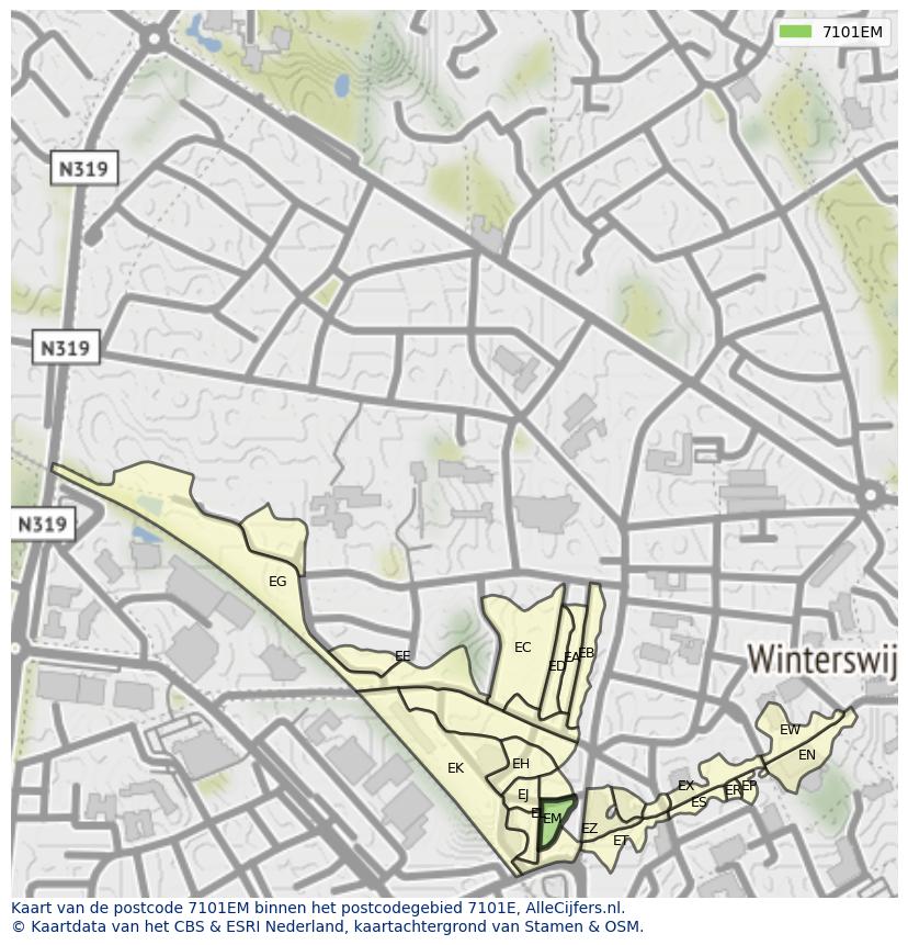 Afbeelding van het postcodegebied 7101 EM op de kaart.