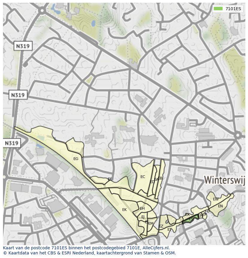 Afbeelding van het postcodegebied 7101 ES op de kaart.