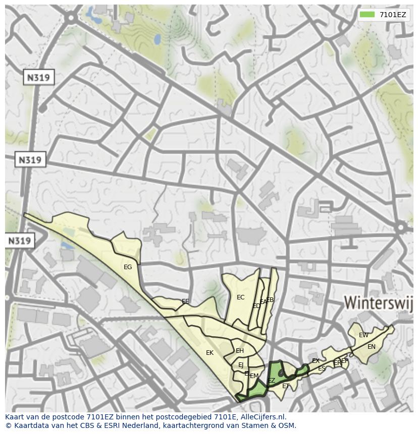 Afbeelding van het postcodegebied 7101 EZ op de kaart.