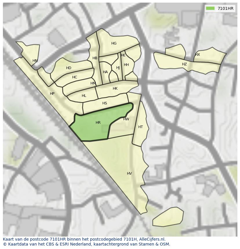 Afbeelding van het postcodegebied 7101 HR op de kaart.