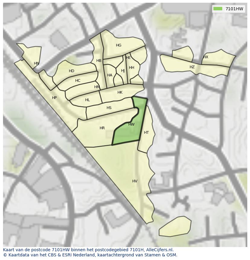 Afbeelding van het postcodegebied 7101 HW op de kaart.