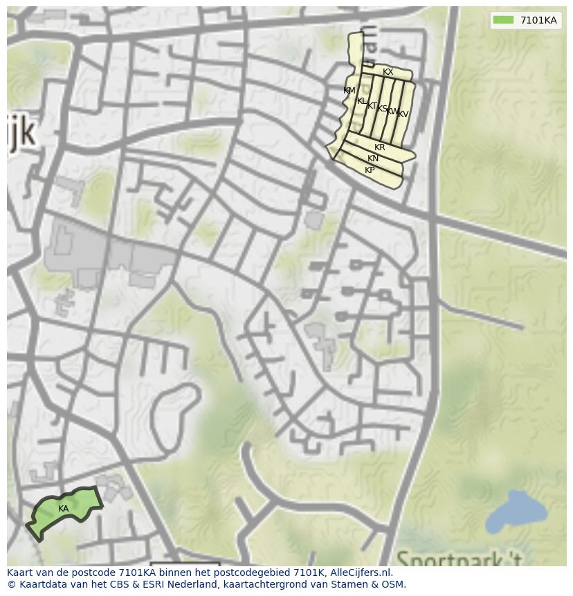 Afbeelding van het postcodegebied 7101 KA op de kaart.