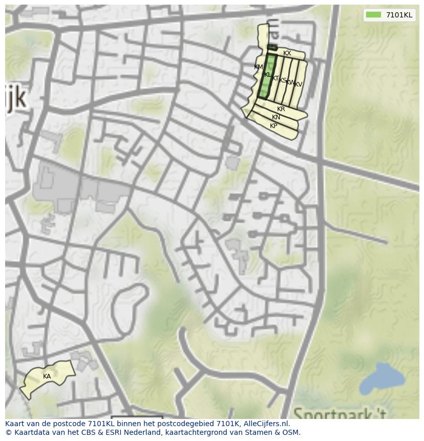 Afbeelding van het postcodegebied 7101 KL op de kaart.