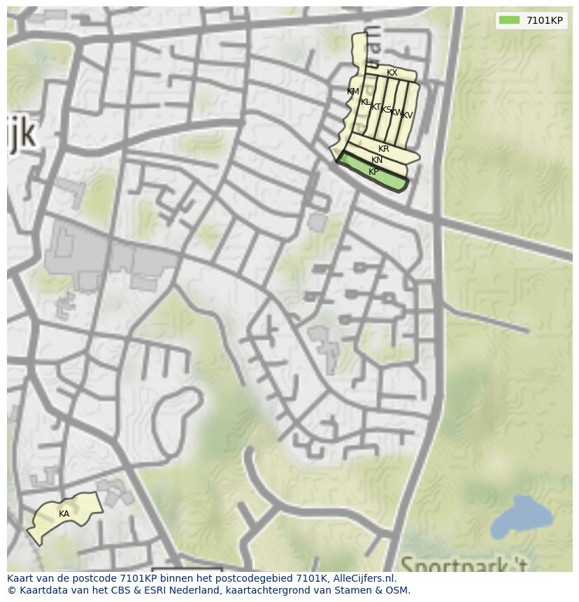 Afbeelding van het postcodegebied 7101 KP op de kaart.
