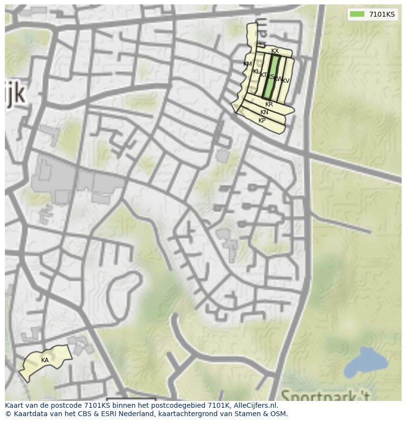 Afbeelding van het postcodegebied 7101 KS op de kaart.