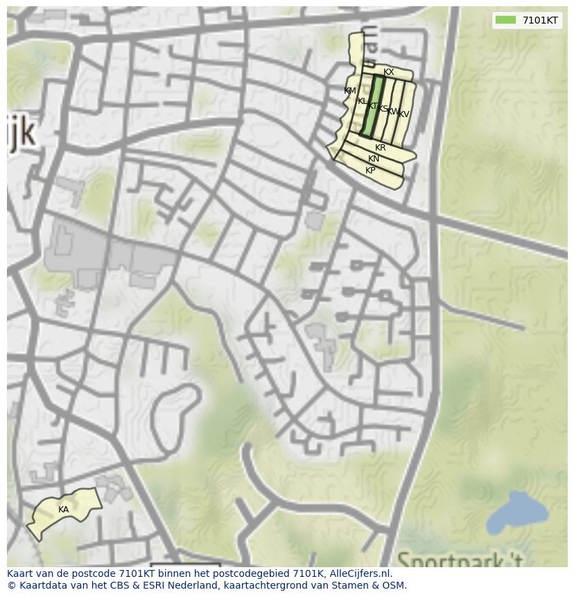 Afbeelding van het postcodegebied 7101 KT op de kaart.