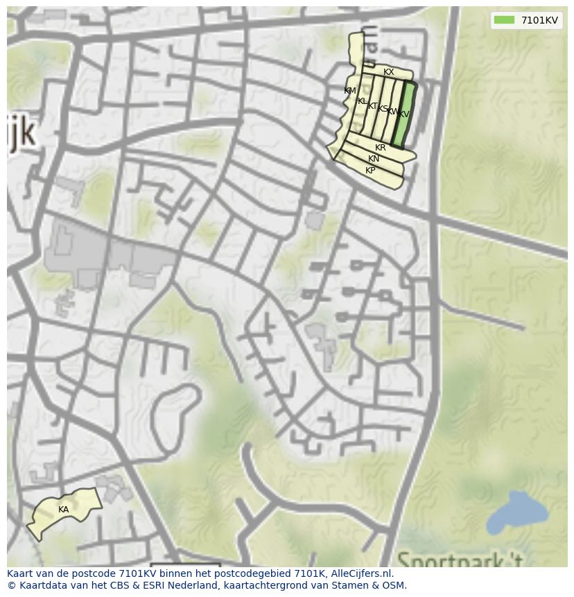 Afbeelding van het postcodegebied 7101 KV op de kaart.
