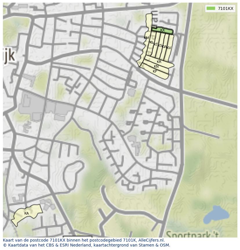 Afbeelding van het postcodegebied 7101 KX op de kaart.