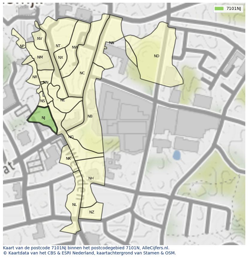 Afbeelding van het postcodegebied 7101 NJ op de kaart.