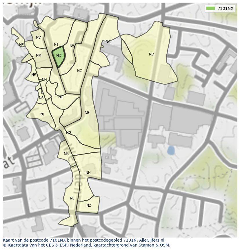 Afbeelding van het postcodegebied 7101 NX op de kaart.