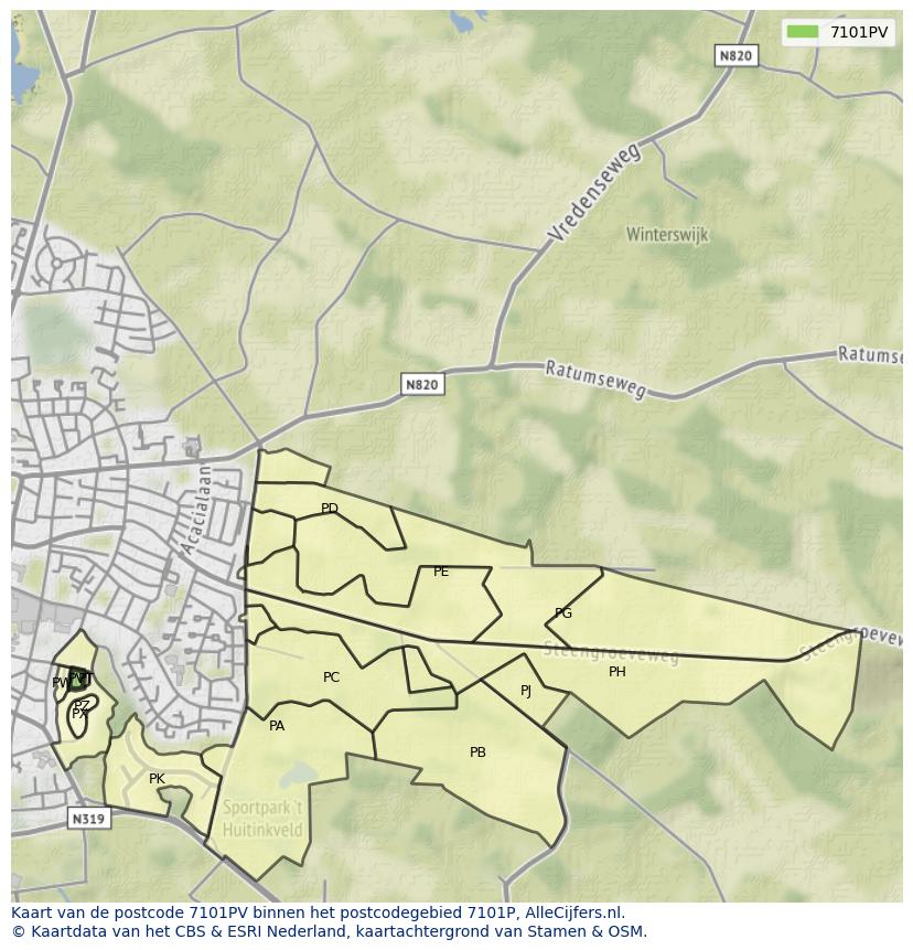 Afbeelding van het postcodegebied 7101 PV op de kaart.
