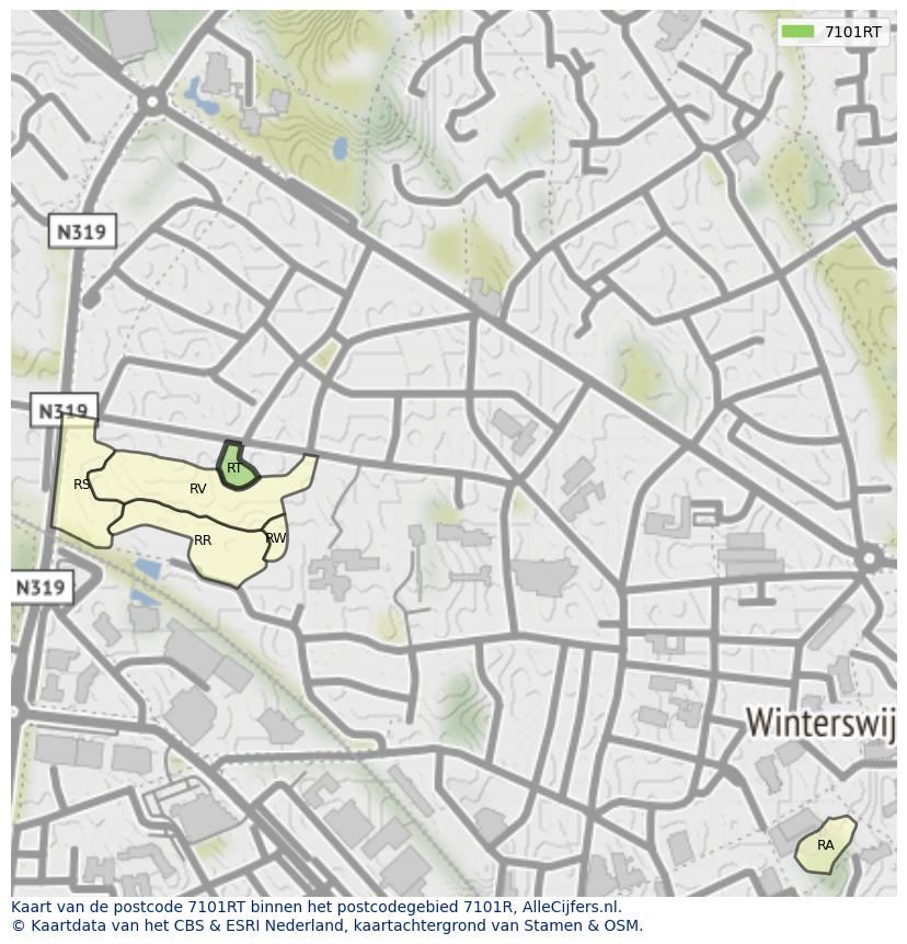 Afbeelding van het postcodegebied 7101 RT op de kaart.
