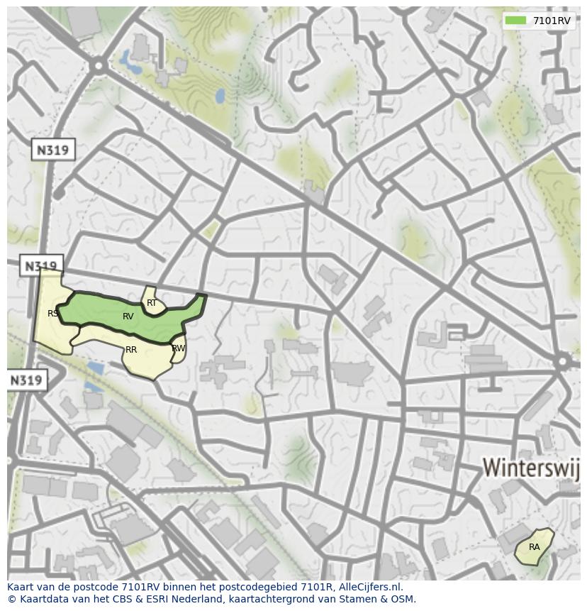 Afbeelding van het postcodegebied 7101 RV op de kaart.
