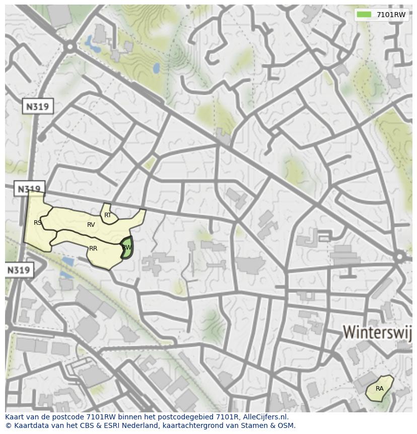 Afbeelding van het postcodegebied 7101 RW op de kaart.