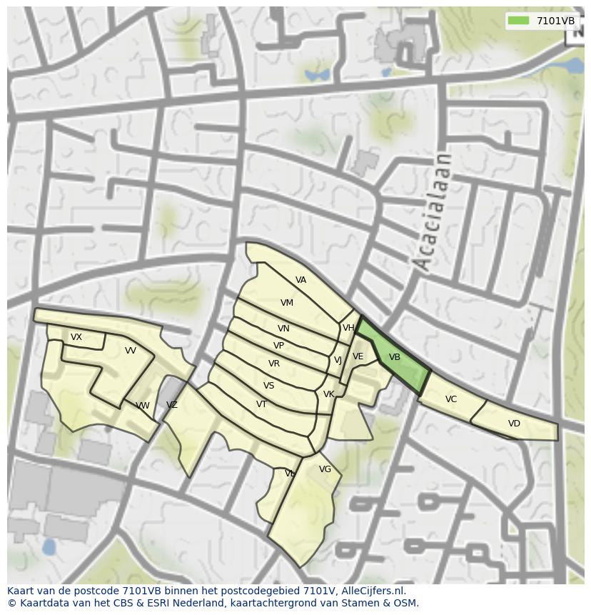 Afbeelding van het postcodegebied 7101 VB op de kaart.