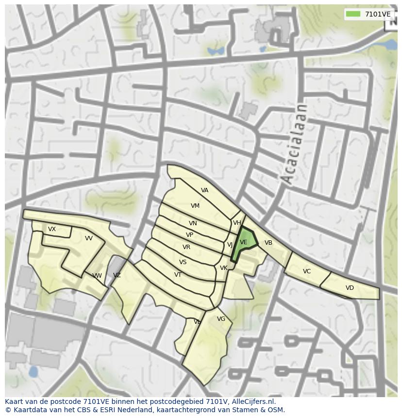 Afbeelding van het postcodegebied 7101 VE op de kaart.