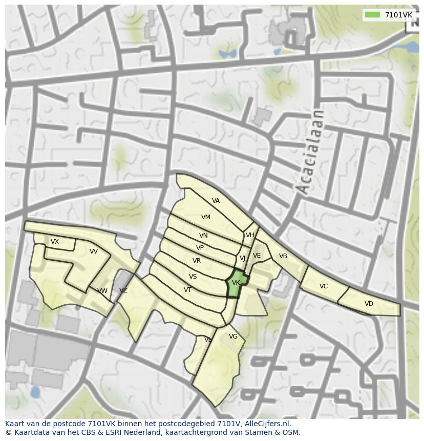 Afbeelding van het postcodegebied 7101 VK op de kaart.