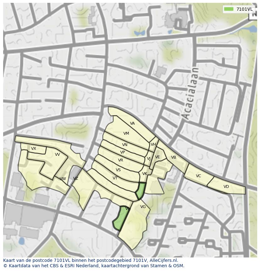 Afbeelding van het postcodegebied 7101 VL op de kaart.