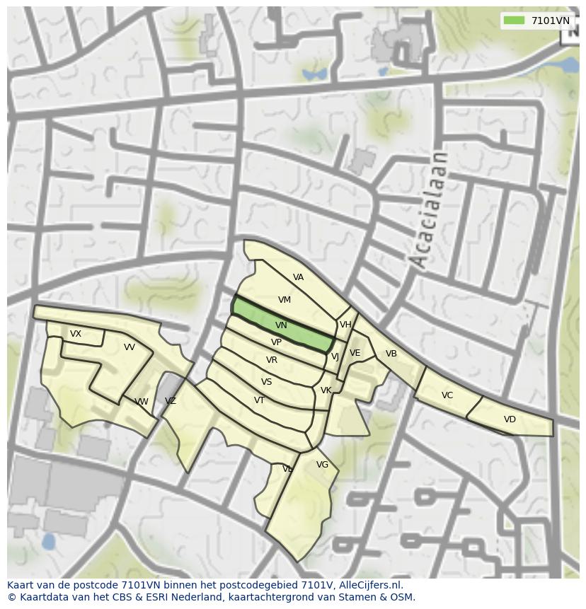 Afbeelding van het postcodegebied 7101 VN op de kaart.