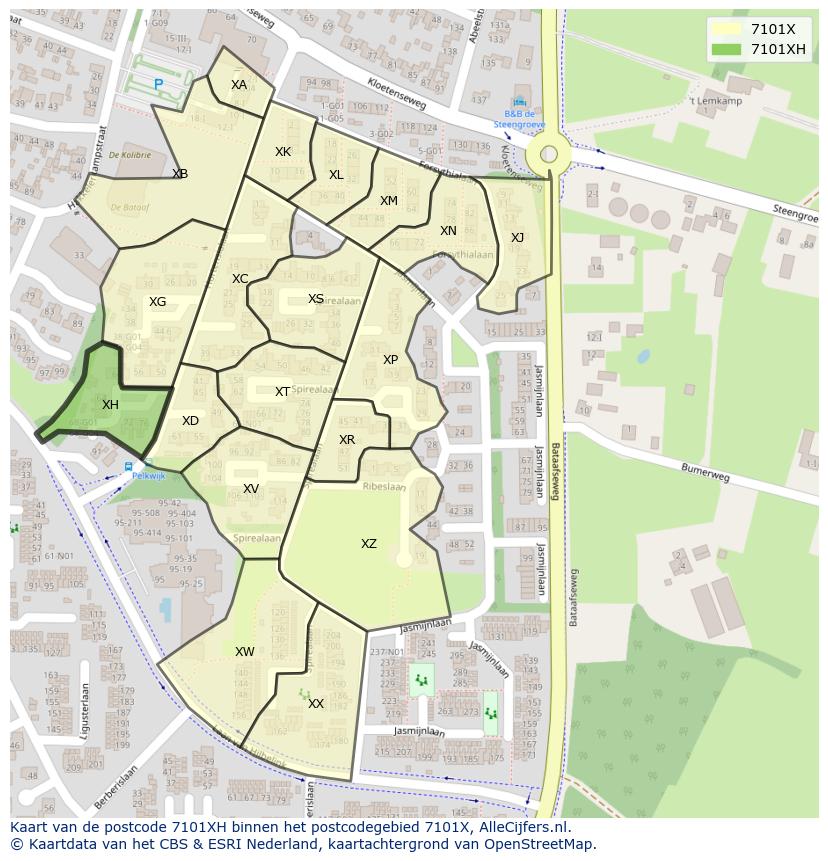 Afbeelding van het postcodegebied 7101 XH op de kaart.